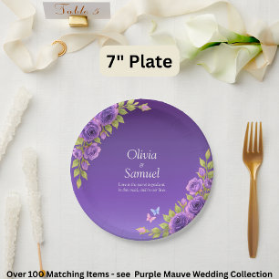 Assiettes En Carton Fleurs mauves violettes & Suite Mariage blanc 7"