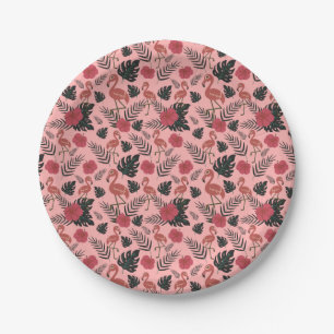 Assiettes En Carton Fleurs motifs et feuilles flamands roses