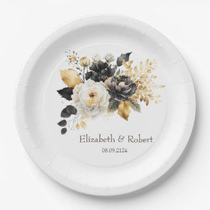 Assiettes En Carton Fleurs noires et blanches en or
