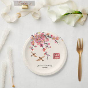 Assiettes En Carton fleurs oiseaux mariage peinture à l'encre chinoise