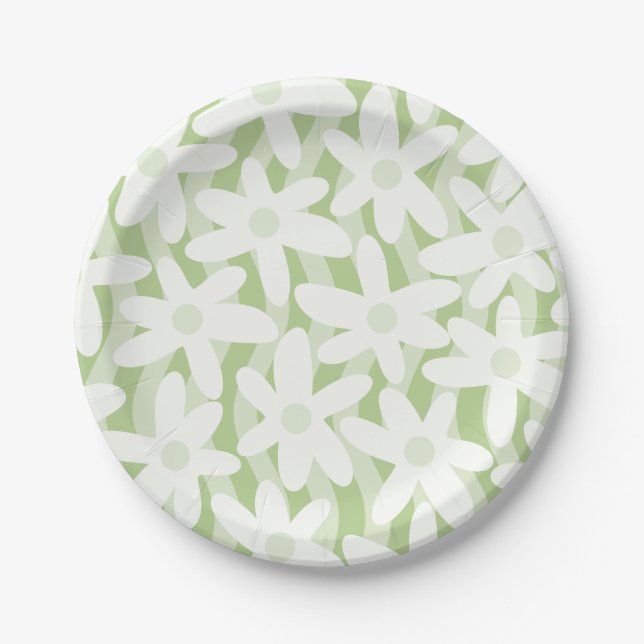 Assiettes En Carton Fleurs ondulées Trippy Motif vert Pastel Sage (Devant)