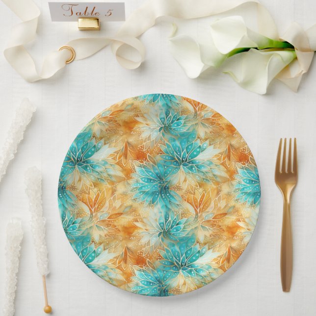 Assiettes En Carton Fleurs orange Turquoise Chic (Mariage)