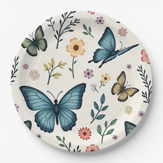 Assiettes En Carton Fleurs papillon (Devant)