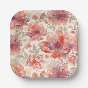 Assiettes En Carton Fleurs pastel aquarelle orange clair