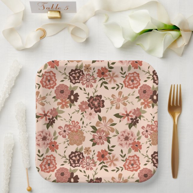 Assiettes En Carton Fleurs Peach Brown Botanical Event (Mariage)