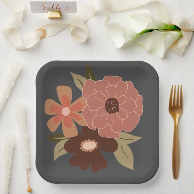 Assiettes En Carton Fleurs Peach Grey Botanical Event (Mariage)
