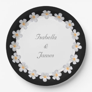 Assiettes En Carton Fleurs Plumeria blanches sur Mariage noir et blanc