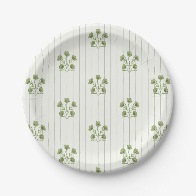 Assiettes En Carton Fleurs rayées vert vintage brillant (Devant)