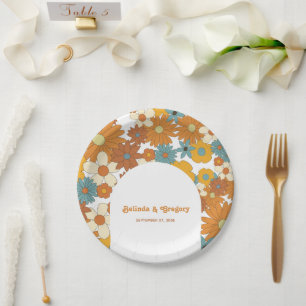 Assiettes En Carton Fleurs rétro colorées 60's 70's Mariage