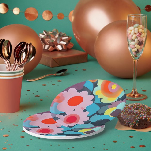 Assiettes En Carton Fleurs rétro mod  (Multi)