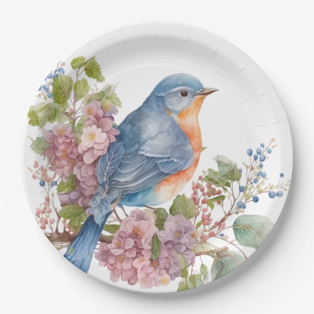 Assiettes En Carton Fleurs romantiques et oiseau bleu (Devant)