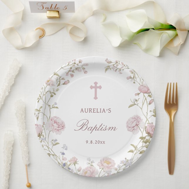 Assiettes En Carton Fleurs rose baptême (Mariage)