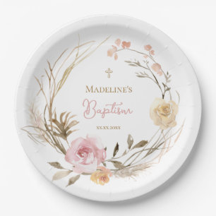 Assiettes En Carton fleurs rose beige aquarelle Baptême