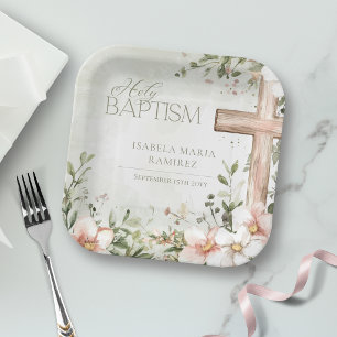 Assiettes En Carton Fleurs rose blush croix en bois baptême vert