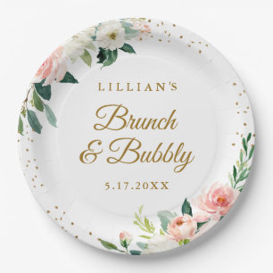 Assiettes En Carton Fleurs rose doré pour brunch et bulles