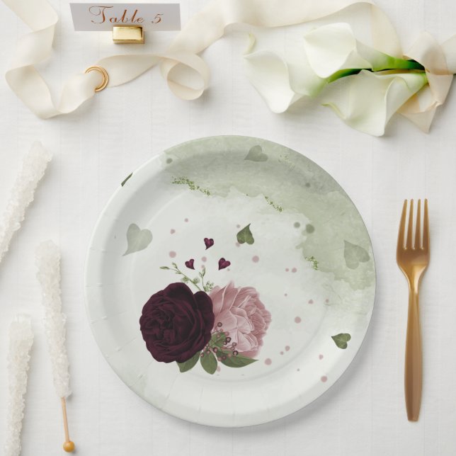 Assiettes En Carton fleurs rose et cabernet verdure (Mariage)