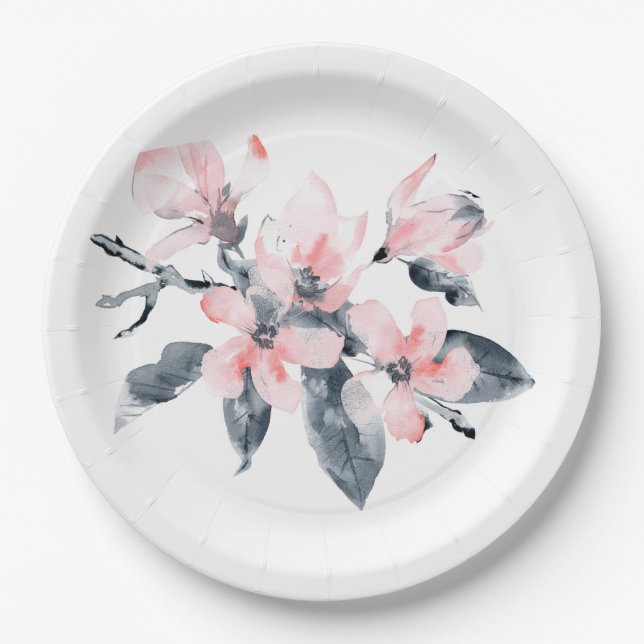 Assiettes En Carton Fleurs rose et gris Aquarelle classique (Devant)