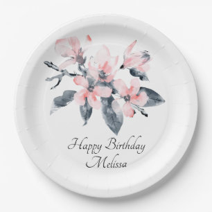 Assiettes En Carton Fleurs rose et gris Aquarelle classique Anniversai
