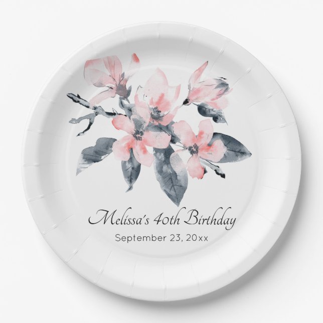 Assiettes En Carton Fleurs rose et gris Aquarelle classique Anniversai (Devant)