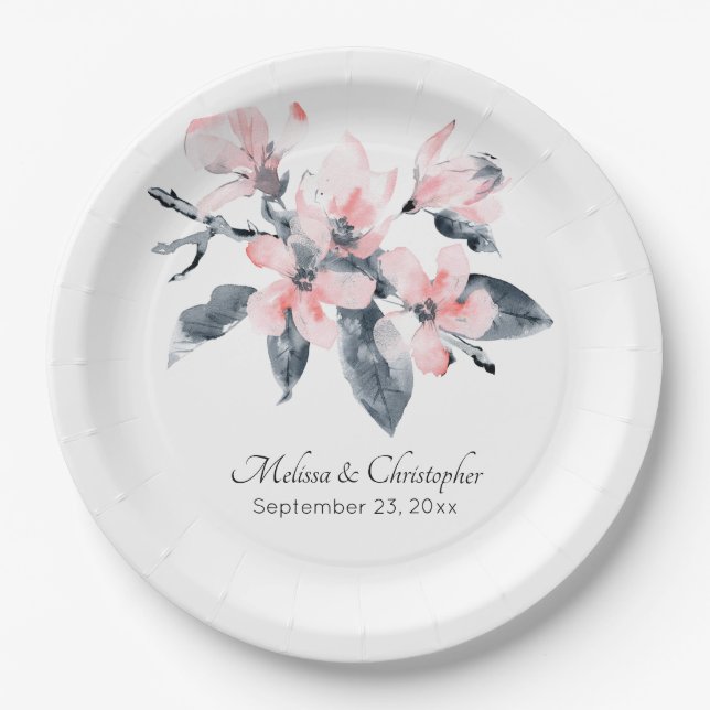 Assiettes En Carton Fleurs rose et gris Mariage Aquarelle classique (Devant)