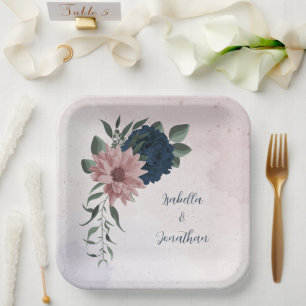 Assiettes En Carton fleurs rose et marine botanique