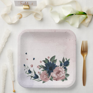 Assiettes En Carton fleurs rose et marine botaniques