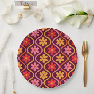 Assiettes En Carton Fleurs rose rouge orange sur Motif d'oignon Vintag