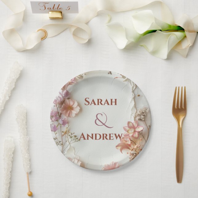 Assiettes En Carton Fleurs Rose Tendre (Mariage)