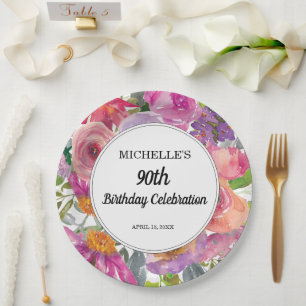 Assiettes En Carton Fleurs rose violet pour les 90 ans d'une femme