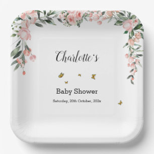 Assiettes En Carton Fleurs roses aquarelles roses avec papillons Baby 