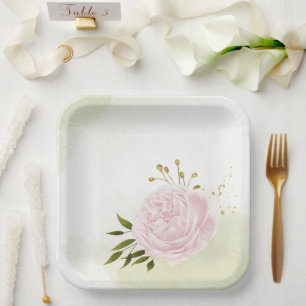 Assiettes En Carton Fleurs roses boho feuilles vertes botanique