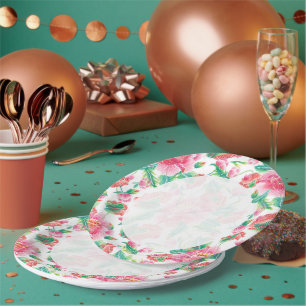 Assiettes En Carton Fleurs roses brillantes Fille Motif