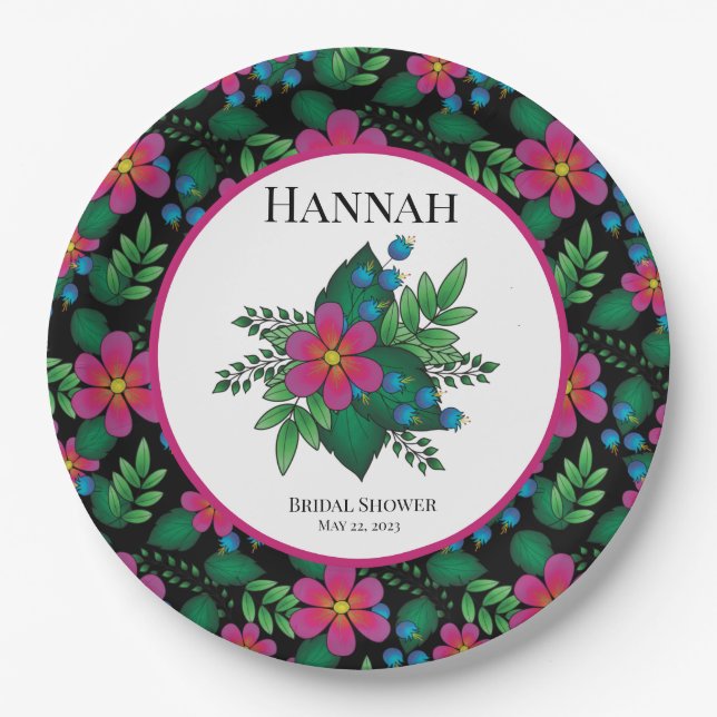 Assiettes En Carton Fleurs roses chaudes sur fond noir (Devant)