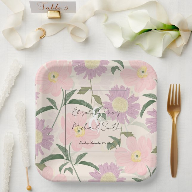 Assiettes En Carton Fleurs roses élégantes Aquarelle Boho Floral (Mariage)