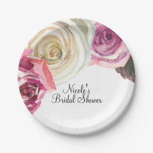 Assiettes En Carton Fleurs roses et blanches à l'aquarelle Mariage élé