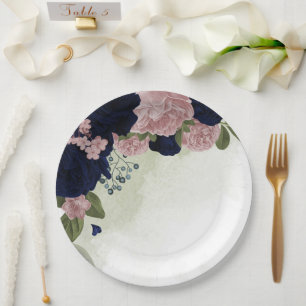 Assiettes En Carton fleurs roses et bleu marine verdure