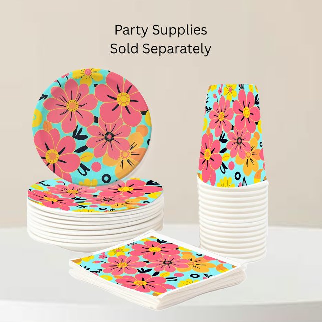 Assiettes En Carton Fleurs roses et jaunes sur Sky Blue -Dopamine (Pink & Yellow Blossoms on Sky Blue-Dopamine Style-Party Supplies full set)