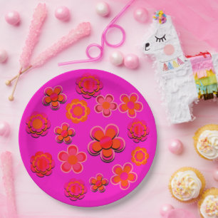 Assiettes En Carton Fleurs roses et orange chaudes