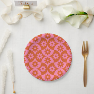 Assiettes En Carton Fleurs roses et orange sur coquille vintage de mil