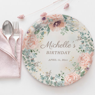 Assiettes En Carton Fleurs roses, feuillage vert et paillettes dorées 