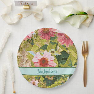 Assiettes En Carton Fleurs roses Feuilles verts Nom Personnalisé