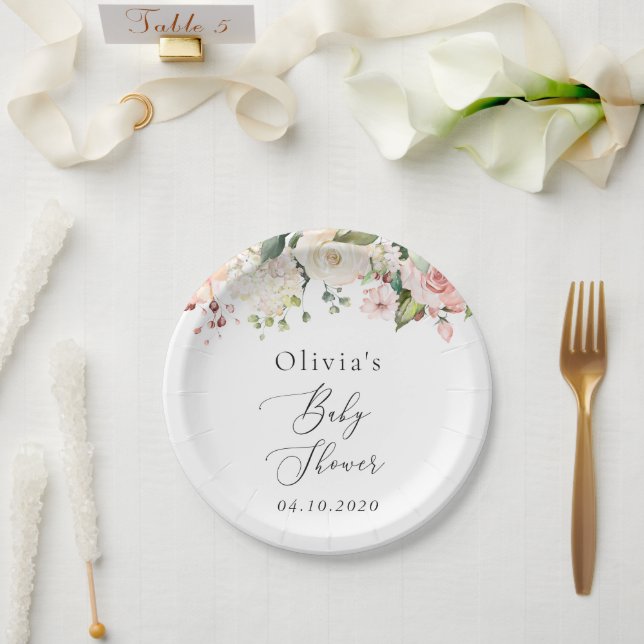 Assiettes En Carton Fleurs roses, Fleurs blanches, Boho, Baby shower (Mariage)