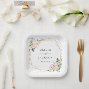 Assiettes En Carton Fleurs roses, Fleurs blanches, Verdure, Mariage