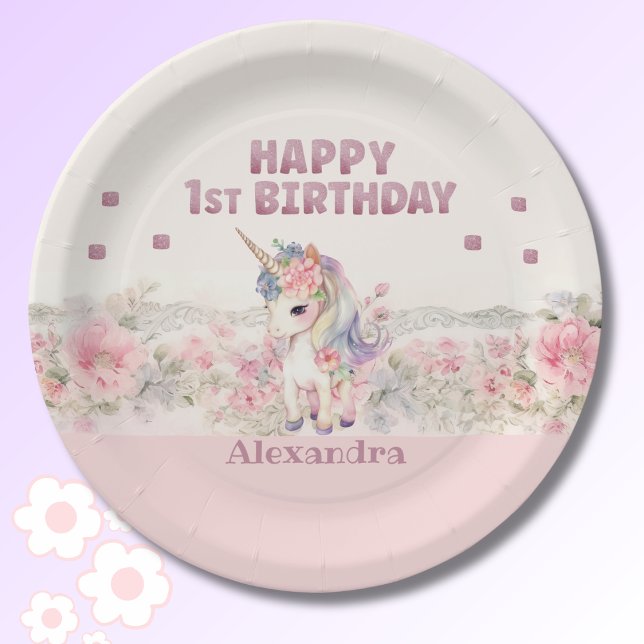 Assiettes En Carton Fleurs roses mignonnes fille Unicorn 1er anniversa (Créateur téléchargé)