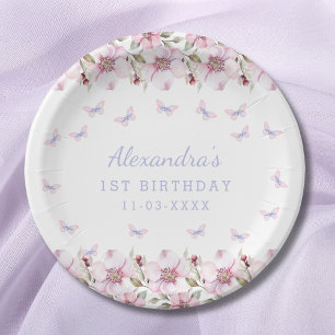 Assiettes En Carton Fleurs roses Papillon Whimsical 1er anniversaire