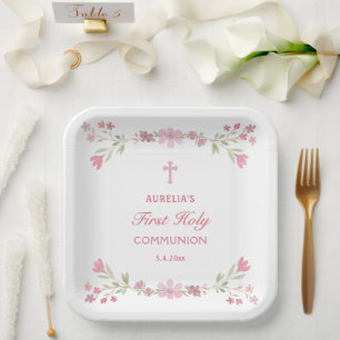 Assiettes En Carton Fleurs roses Premier Carré de communion