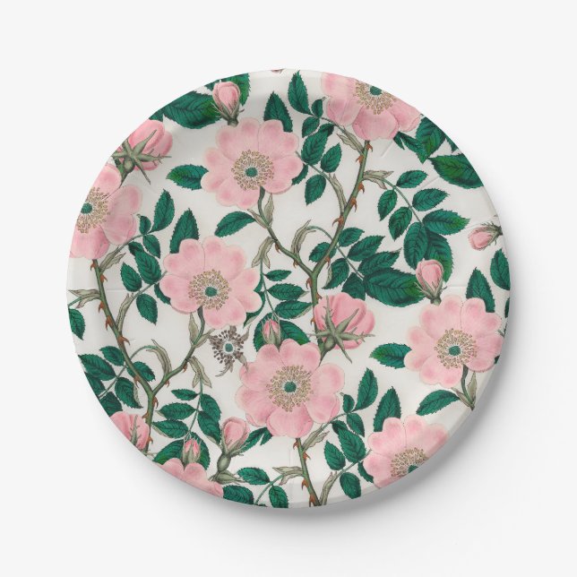 Assiettes En Carton Fleurs Roses roses et Motif Feuille vert (Devant)