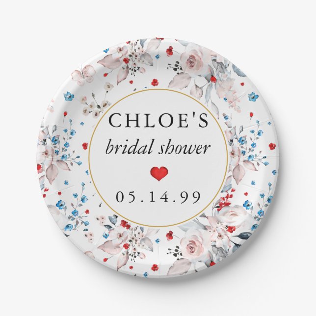 Assiettes En Carton Fleurs roses roses Fleurs bleues Shower de mariage (Devant)