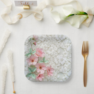 Assiettes En Carton Fleurs Roses Sur Dentelle Bridale Blanche
