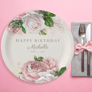 Assiettes En Carton Fleurs Roses Vintage pour l'Anniversaire des Femme